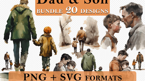 20 Father’s Day Watercolor Cliparts, Dad And Son, Fathers Day Gift Clipart, Father PNG Art Gift, Gift For Dad Clipart, Commercial, SVG PNG