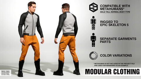 Modular Clothing. Realtime, Rig, Color Variations. Metahuman default body compatible.