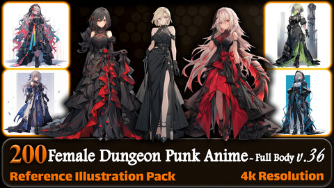 200 Female Dungeon Punk Anime (Full Body) Reference Pack | 4K | v.36