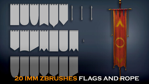 20 Medieval stylized Flags IMM Brushes for ZBrush and Blender includes 3 Flag pole IMM