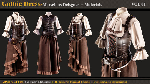 Gothic Dress- Marvelous Designer + 2 Smart Materials + 4K Textures + OBJ + FBX (vol 1)