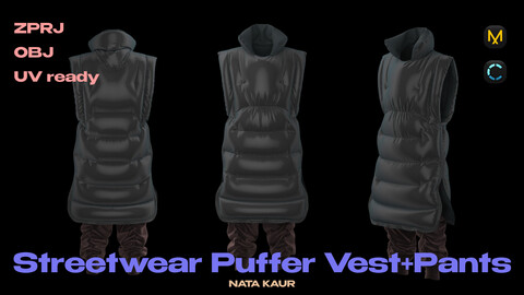 Streetwear Puffer Vest + Pants/ Clo 3d/ Marvelous Designer+OBJ File/ Digital Fashion /Sportwear