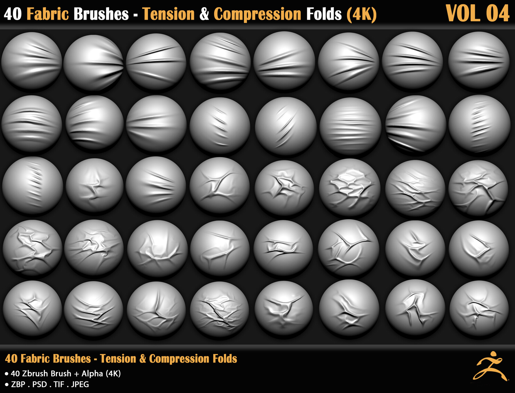 ArtStation - 40 Fabric Brushes - Tension & Compression Folds - 4K