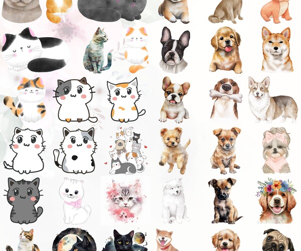 ArtStation - Watercolor Clipart Cats and Dogs, 180 Cute Pets PNG Bundle ...