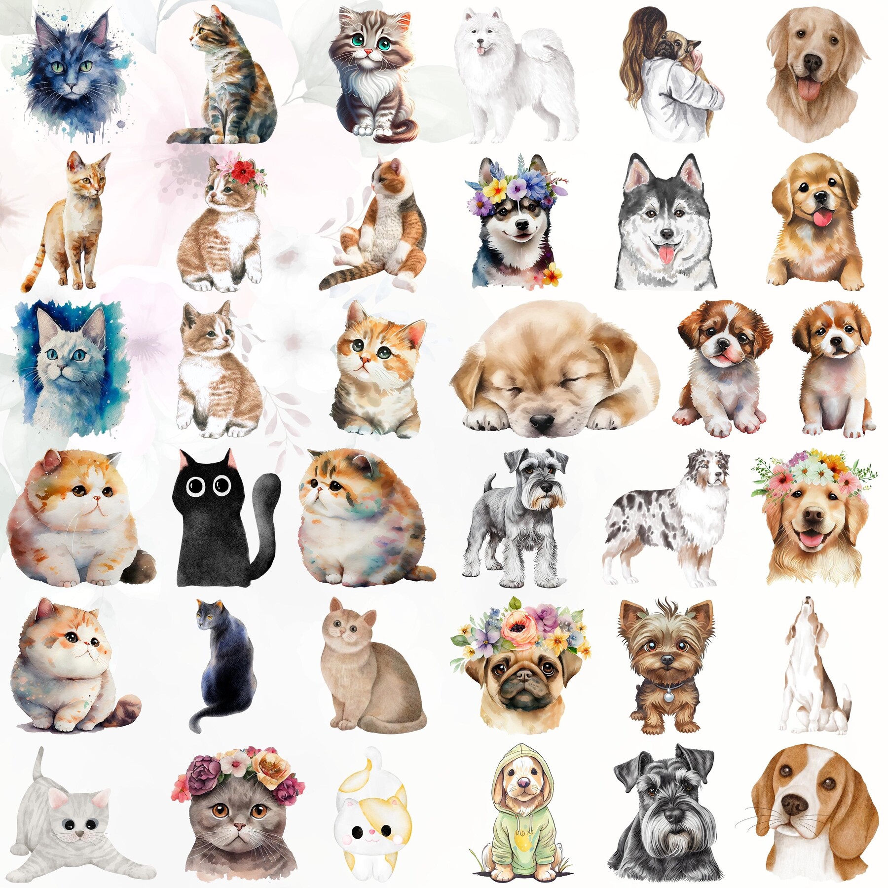 ArtStation - Watercolor Clipart Cats and Dogs, 180 Cute Pets PNG Bundle ...