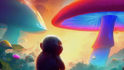 Monkey Looking at a Mushroom Landscape