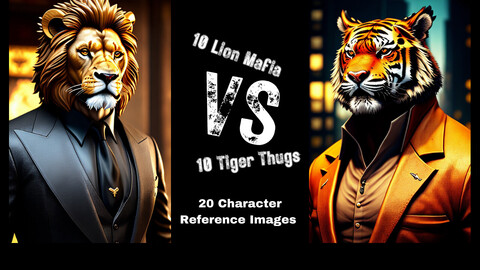 10 Lion Mafia Vs 10 Tiger Thugs | 20 Character Reference Images