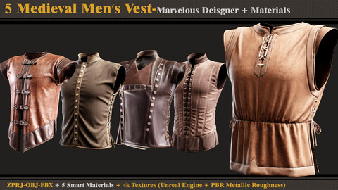 5 Medieval Men's Vests/Marvelous Designer-OBJ-FBX-5 Smart Materials-4K Textures