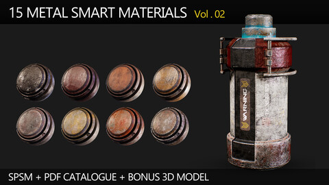 " 15 High Detailed Metal Smart Materials " (Vol.2) + Free SCIFI Prop 3D Model
