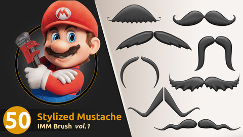50 Stylized Mustache IMM Brush + Low poly model