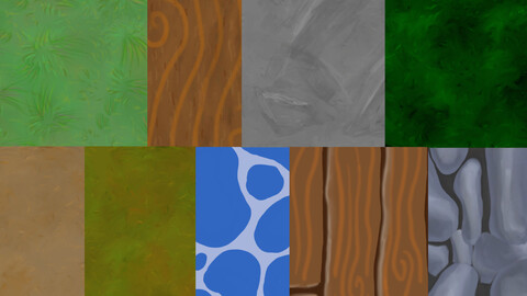 2D hand painted textures suitable for a low-poly / cartoon scene