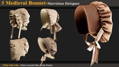 5 Medieval Bonnets /Marvelous Designer (ZPRJ + FBX + OBJ)