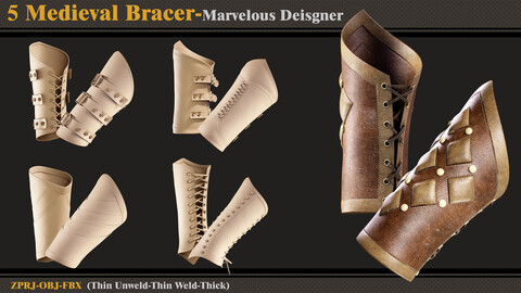 5 Medieval Bracers /Marvelous Designer (ZPRJ + FBX + OBJ)