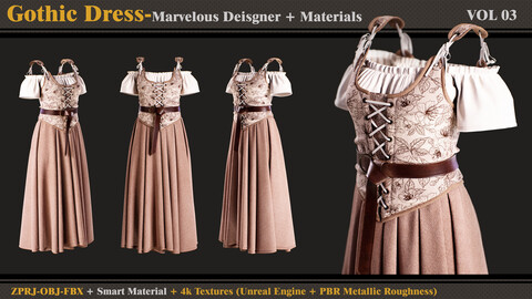 Gothic Dress- Marvelous Designer + Smart Material + 4K Textures + OBJ + FBX (vol 3)