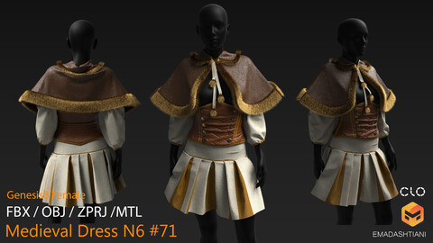 Medieval Dress N6 #71 _ MarvelousDesigner/CLO Project Files+fbx+obj+mtl _ Genesis8Female