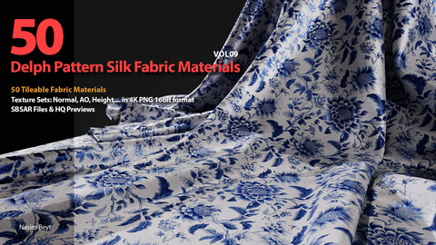 50 Tileable Delph Pattern Silk Fabric Materials-VOL09. SBSAR+4K PBR Materials