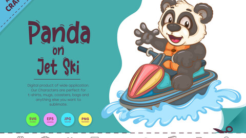 Cartoon Panda on Jet Ski. Animal Art.