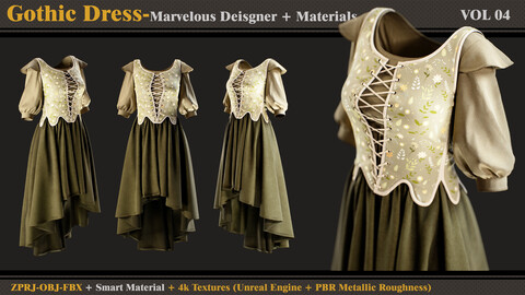 Gothic Dress- Marvelous Designer + Smart Material + 4K Textures + OBJ + FBX (vol 4)
