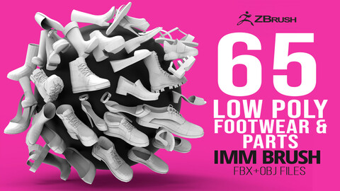 65 Low poly shoe footwear base mesh and parts IMM brush set for Zbrush, Fbx and OBJ files.