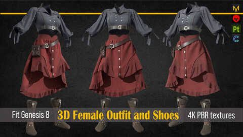 3D girl ouffit character clothing + shoes  (Fbx, Obj, Zprj, 4K PBR textures)