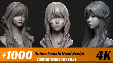 +1000 Anime Female Head Sculpt | 4K | Sculpt Reference Pack Vol.04