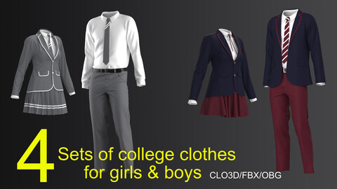 4 sets of college clothes for girls and boys (CLO3D/OBG/FBX)