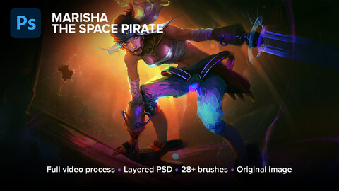 Marisha the Space Pirate Digital Package. Full process (72h24m), PSD, brushes, 4000х2360 image