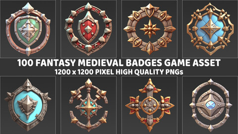 100 Fantasy Medieval Badges Game Assets