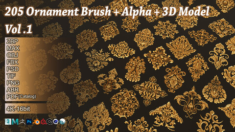 205 Ornament Brush + Alpha + 3D Model Vol 1 (Damask)
