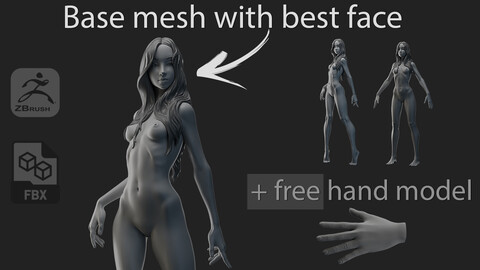 Lina - base mesh female full body #2 (highpoly, stylized) + FREE hand model