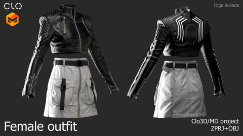 Female outfit (leather jacket+skirt). Marvelous Designer/Clo3d project+OBJ