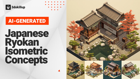 AI-Generated Old Japanese Ryokan Isometric Concepts for 3D Artists - 10-Piece Bundle