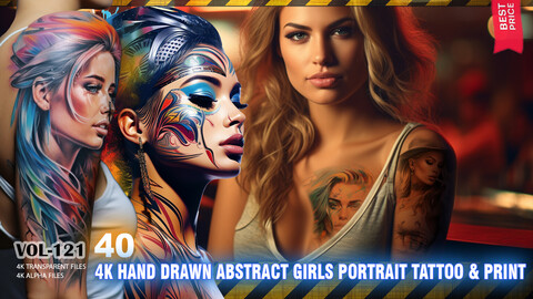 40 4K HAND DRAWN ABSTRACT GIRLS PORTRAIT TATTOO AND PRINT - HIGH END QUALITY RES - (ALPHA & TRANSPARENT) - VOL121