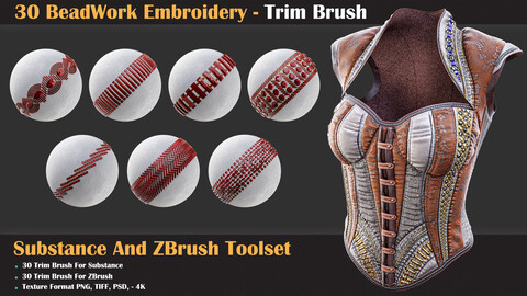 30 BeadWork Embroidery - Trim Brush for Substance and ZBrush