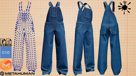 RETOPOLOGY Female Denim  Jumpsuit  Overalls Jeans Work Trousers (metahuman avatar ZPRJ OBJ FBX)