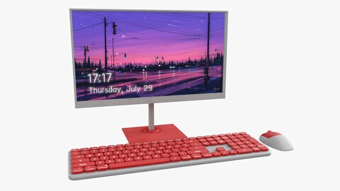 Wireles Computer Set Keyboard Mouse Monitor Red White