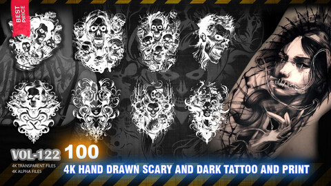 100 4K HAND DRAWN SCARY AND DARK TATTOO AND PRINT - HIGH END QUALITY RES - (ALPHA & TRANSPARENT) - VOL122