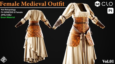 Female Medieval Outfit Vol.01 - MD / Clo3d project + obj files + PBR Textures + Smart Material