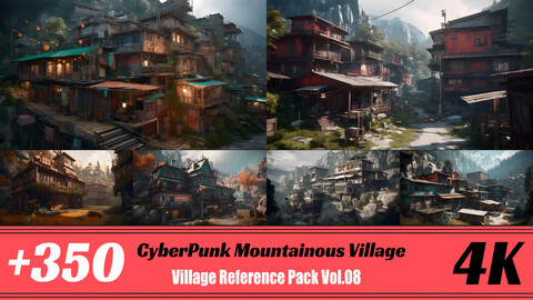 +350 CyberPunk Mountainous Village | 4K | Village Reference Pack Vol.08