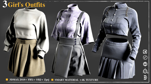 3 Girl's Outfit / /Marvelous Designer / 4k Textures/Smart material