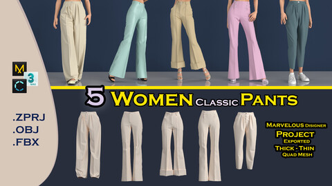 5 Women Classic Pants .ZPRJ/.OBJ/.FBX Marvelous Designer project