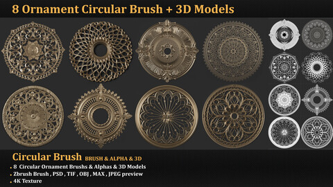 8 Ornament Circular 3Dmodel Brush alpha 3D model