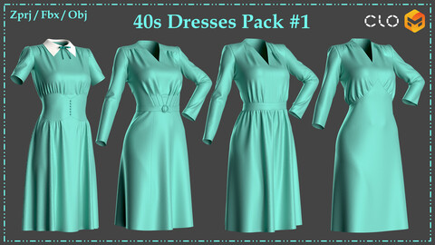 40s Dresses Pack #1 / Vintage Dresses / Zprj+Fbx+Obj