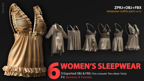 6 WOMEN'S SLEEPWEAR OUTFIT PACK (VOL.02). CLO3D, MD PROJECTS+OBJ+FBX