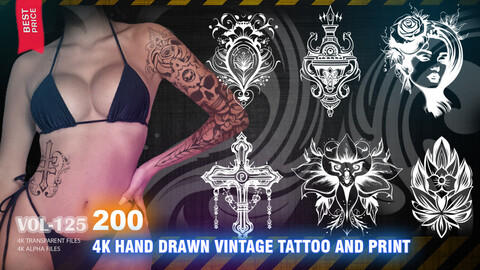 200 4K HAND DRAWN VINTAGE TATTOO AND PRINT - HIGH END QUALITY RES - (ALPHA & TRANSPARENT) - VOL125