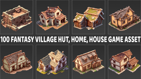100 Fantasy Village Hut Home House Building Game Asset