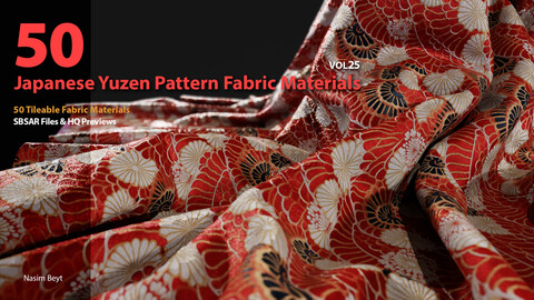 50 Tileable Japanese Yuzen Pattern Fabric Materials-VOL25. SBSAR