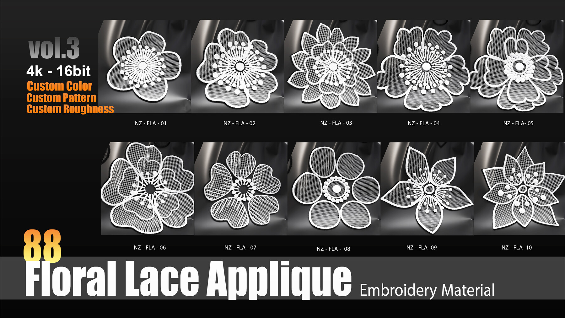 3D Floral Bouquet Embroidered Applique on Black Fabric