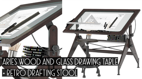 Aries Wood and Glass Drawing Table + Retro Drafting Stool