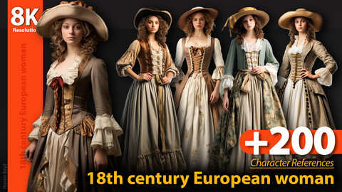 +200, 18th century European Woman Clothes. Character References, 8K Resolution